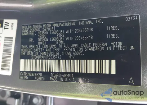 2024 Toyota Highlander Xle z USA, uszkodzony, nr VIN 5TDKDRAHXRS535742